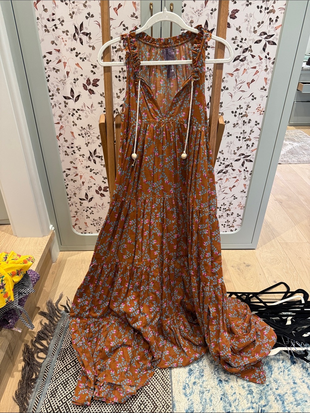 Boho Tiered Maxi Dress in Rust Floral